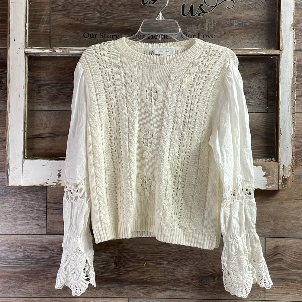 LOST INK White Open Weave Cable Knit Lace Long Bell Sleeve Sweater Size Large